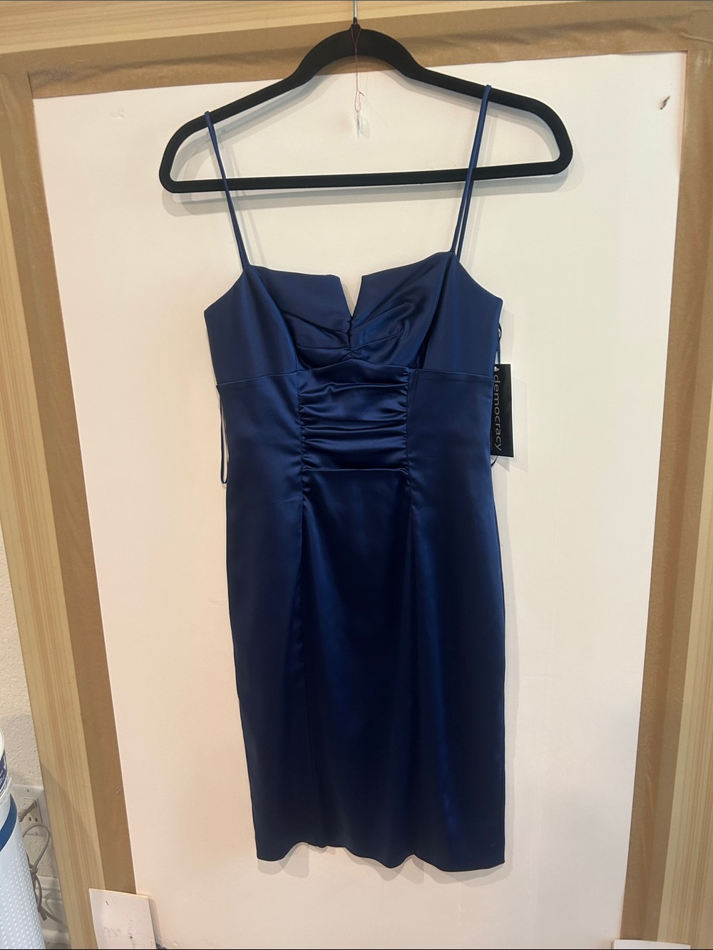 Democracy Navy Satin Ruched Mini Dress